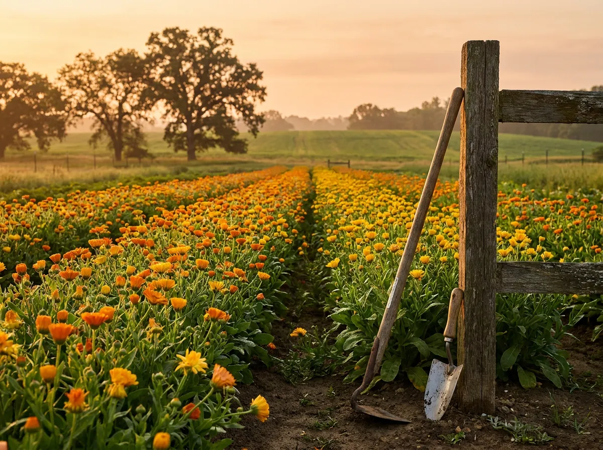 Small family farm field of calendula in early morning light with hand tools resting against a wooden fence