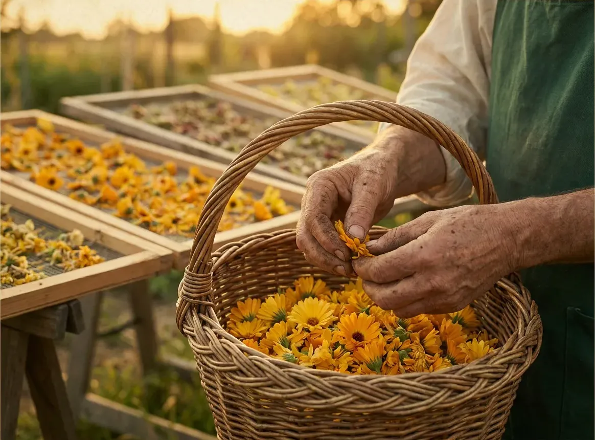 Whole calendula flower heads being hand-picked into a woven basket in a sunlit field