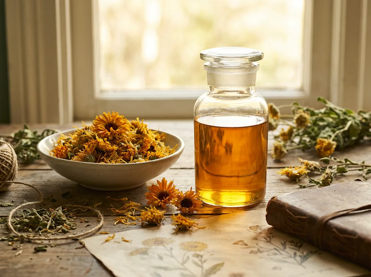 Golden calendula oil in a clear glass vessel backlit on a wooden workbench beside dried flower heads